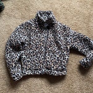 cheetah print fuzzy zip-up jacket